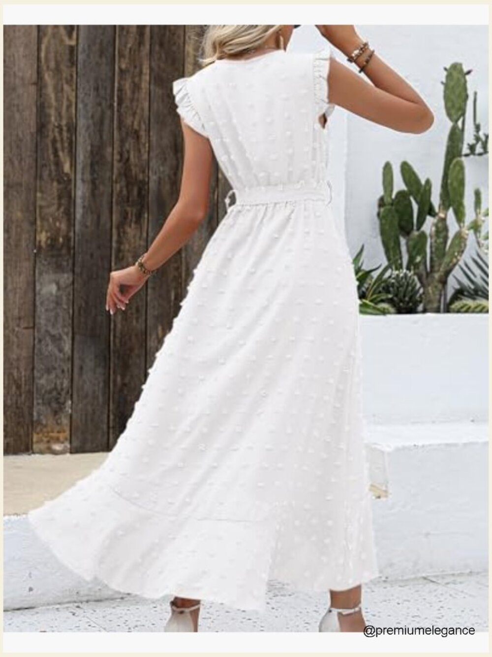 Swiss Dot Maxi Dress with V-Neck, Cap Sleeves, and Tie Waist - Picture 4 of 7